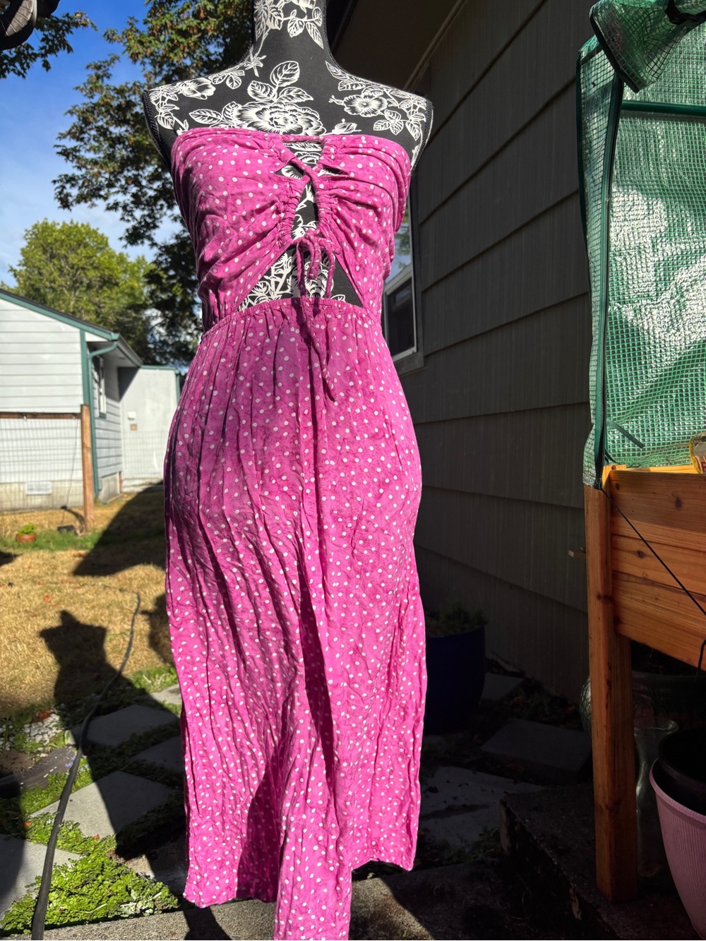 Tiare Hawaii Magenta Polka Dot Strapless Midi Dress